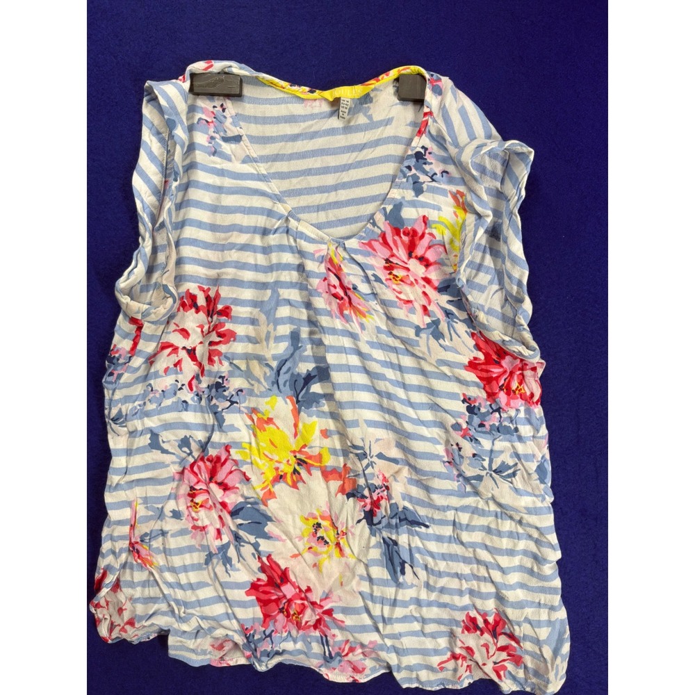 Cottagecore Womens Joules Flutter Sleeve Floral Striped Tank Top Size 10 Blue